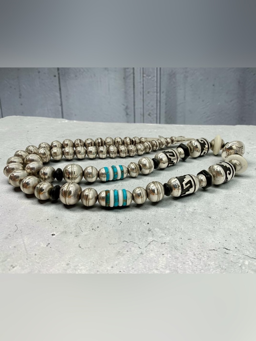 Thomas Singer Navajo Sterling Silver Turquoise Onyx MOP Bead Necklace 24” 74gram - Picture 14 of 17